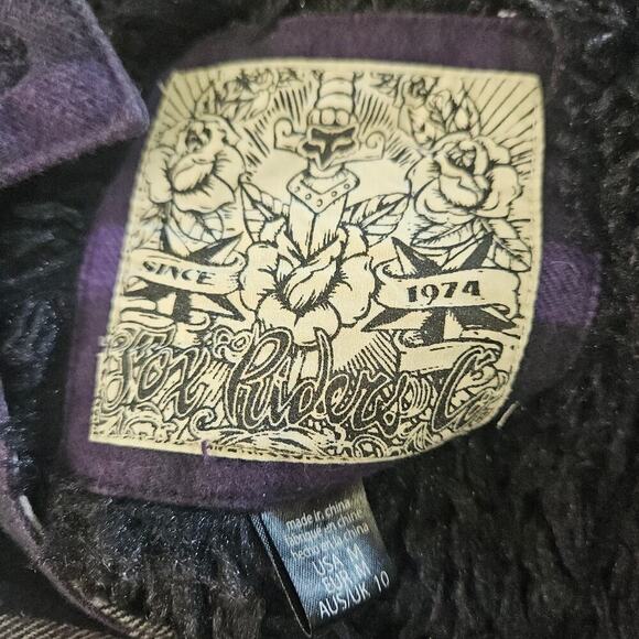 Y2K Fox Rider Faux Fur Lined Plaid Hoodie Jacket Purple/Black Size Medium - Picture 10 of 10